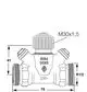 Strangventil und Regelventil mit Innengewinde, präsentiert von IMI Hydronic Engineering, zeigt Anschlussmöglichkeiten und Maße mit Schematik.